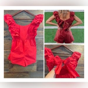 Day & Moon Double Ruffle Bow Back Red Ruffled Jumpsuit NWT